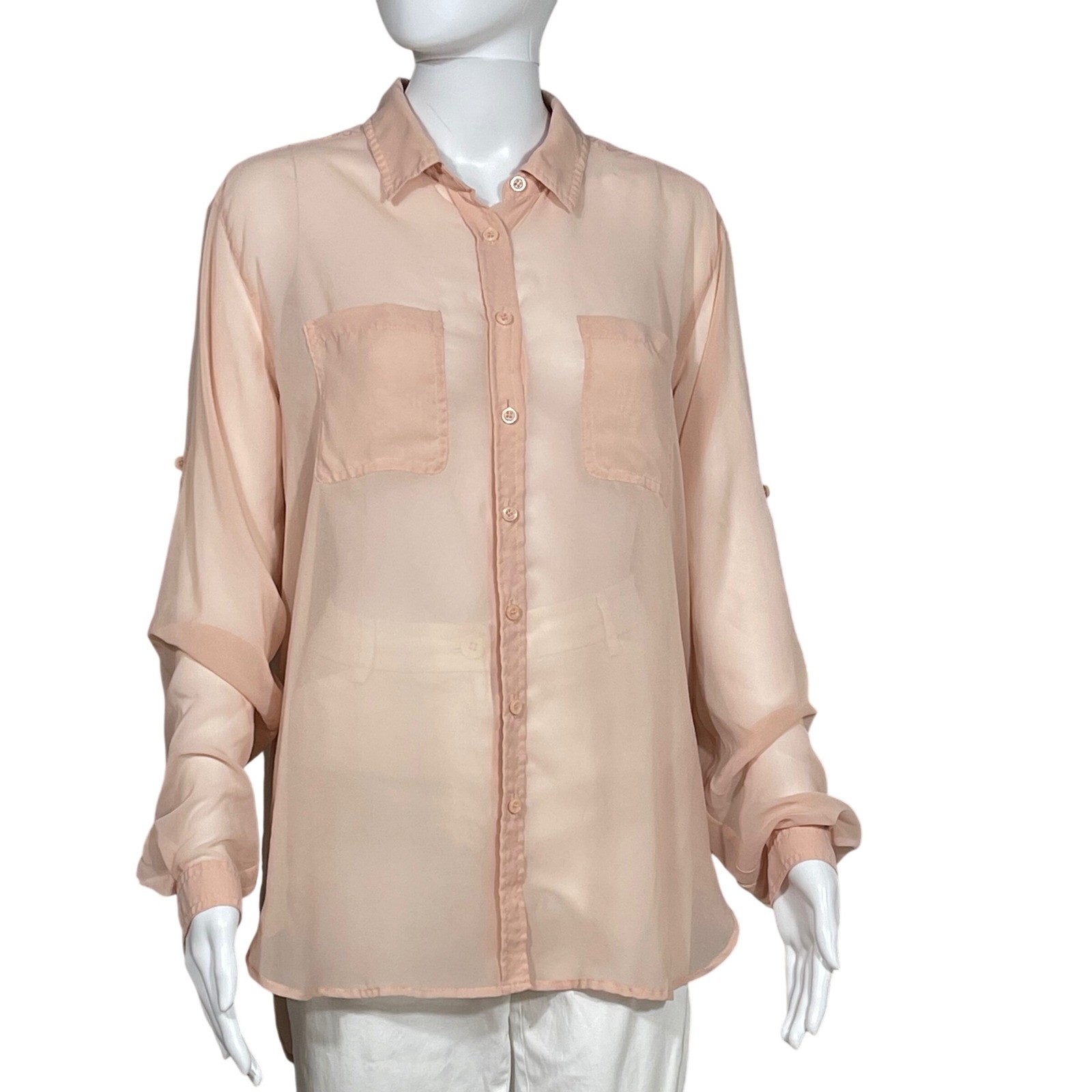 Victorias Secret Peach Sheer Button Up Blouse Roll Tab Sleeve Pockets Medium