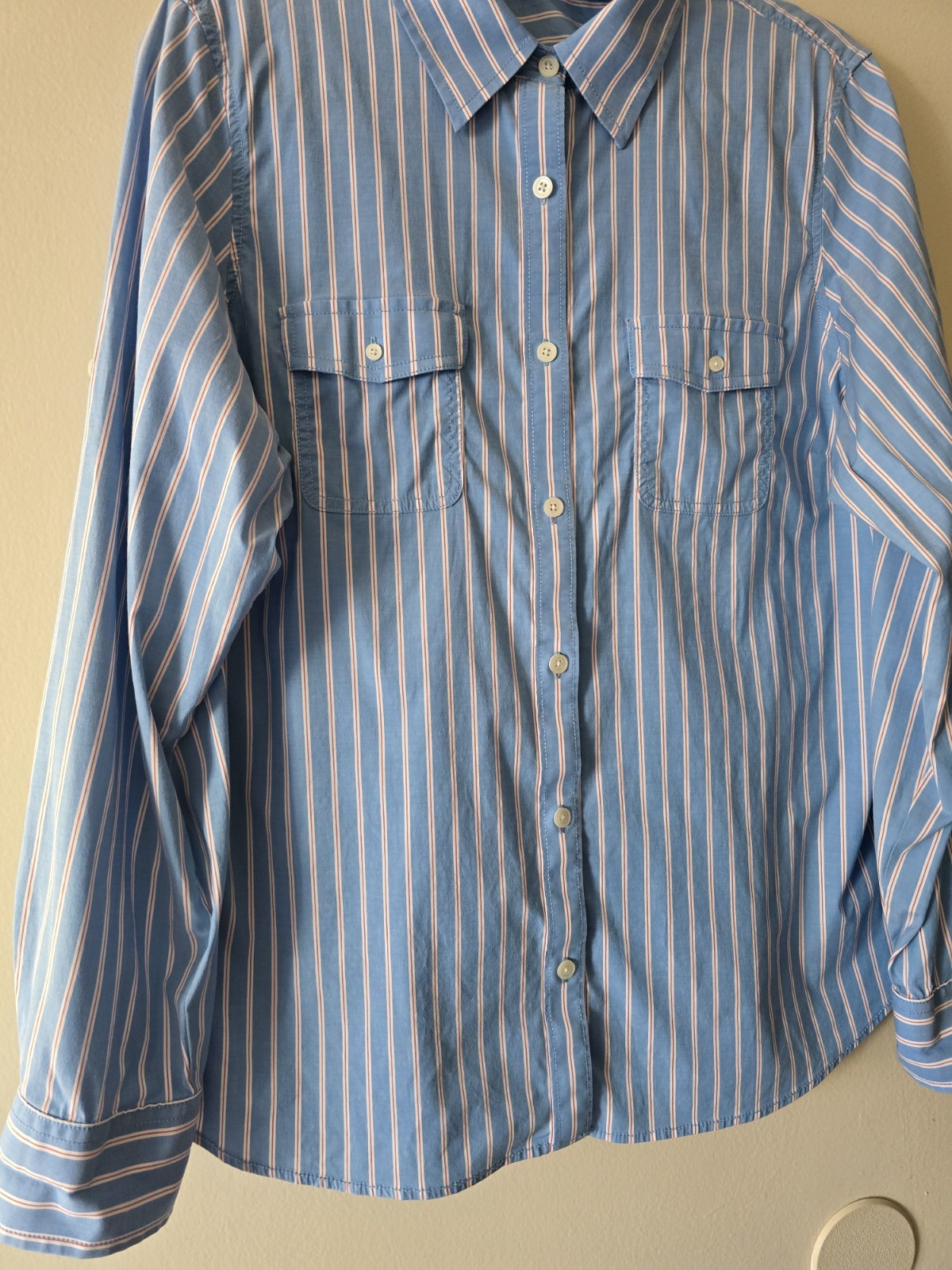 LL Bean Button Down Womens XL Blue/Red Stripe Roll Tab Top Career Casual Preppy