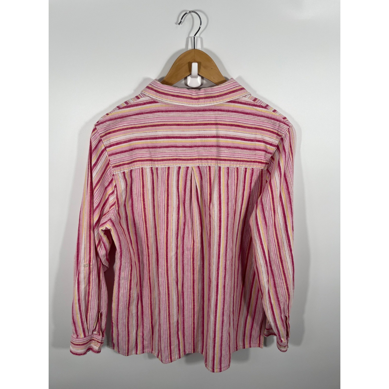 Kim Rogers Womens Linen Cotton Blend Button Up L Pink Stripe Euro Summer Resort