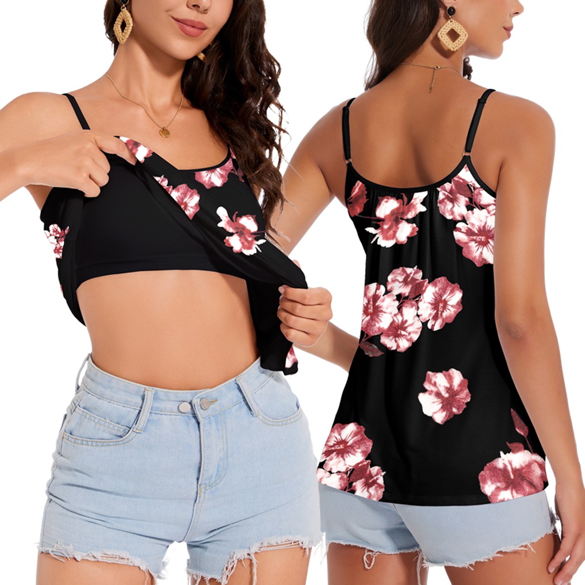 Womens Built in Bra Padded Cami Vest 2 in 1 Flowy Swing Loose Fit Camisole Tops