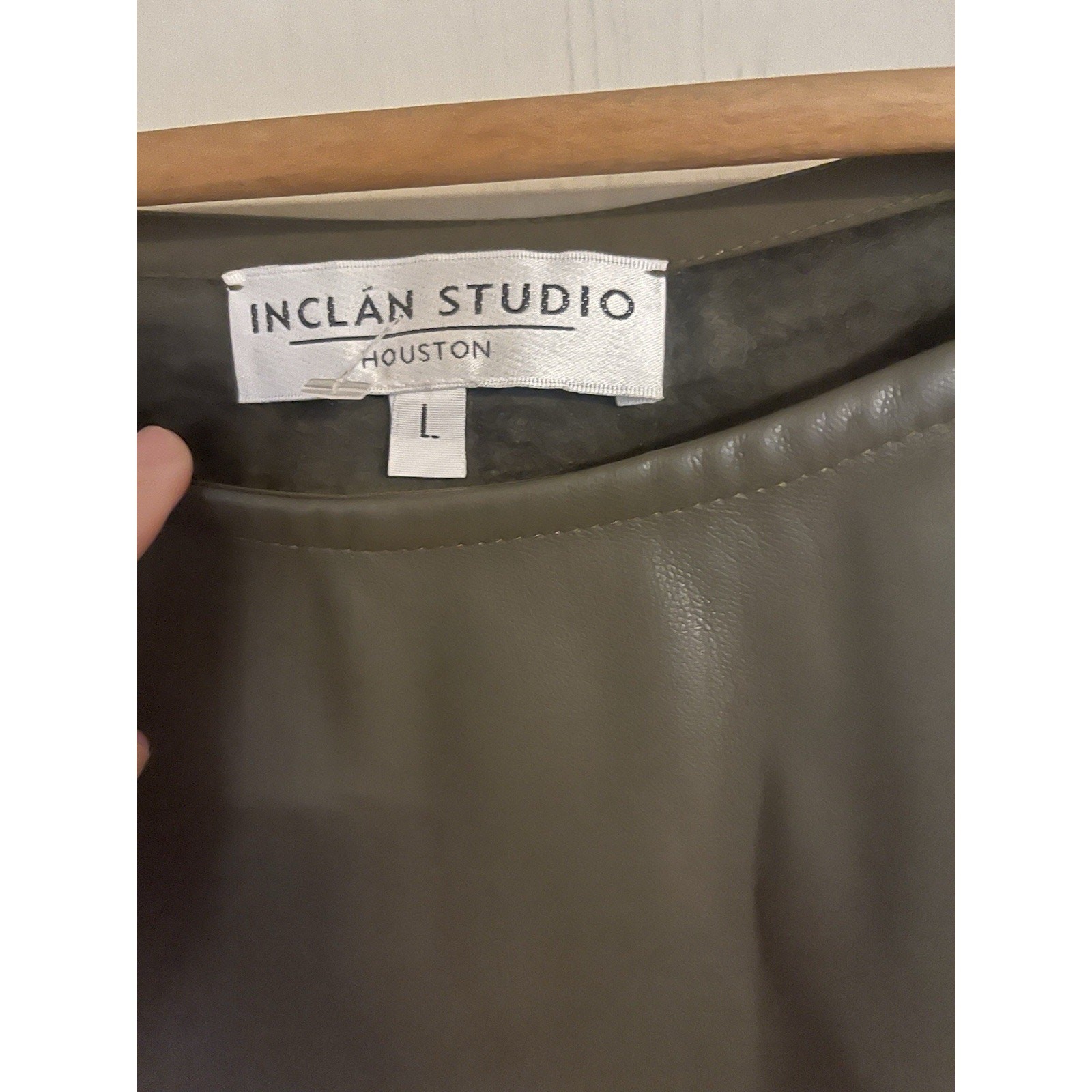 INCLAN STUDIO Olive Green Capsule Gathered Sleeve Vegan Leather Top Blouse L