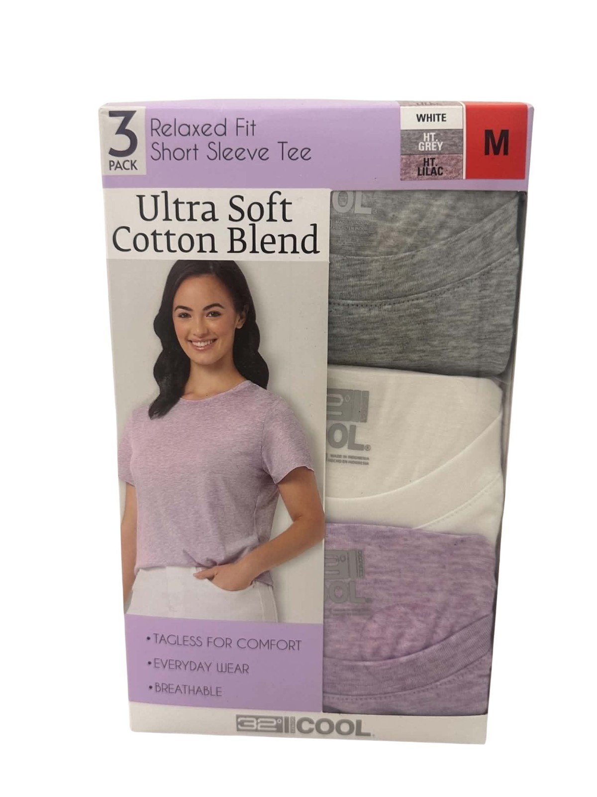 32° Women’s Short Sleeve T-Shirt 3Pk Medium Relaxed Fit Tagless Gray White Lilac