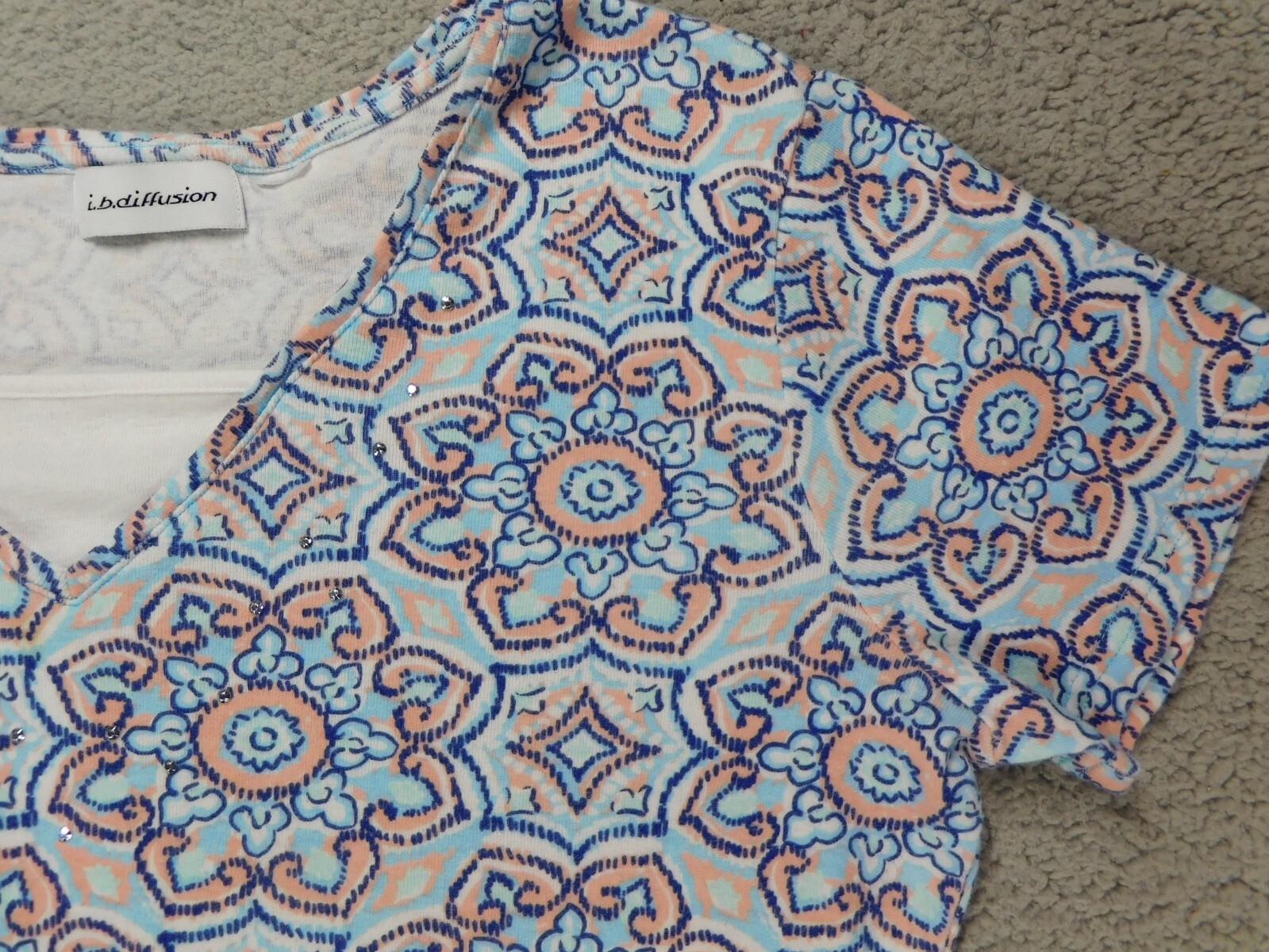 ib diffusion Womens Short Sleeve V Neck Top Beaded Faux Undershirt Size M