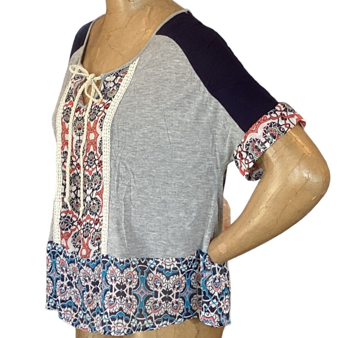 Democracy BOHO Relaxed Mixed Media Short Sleeve Crop Top Sz S #186L