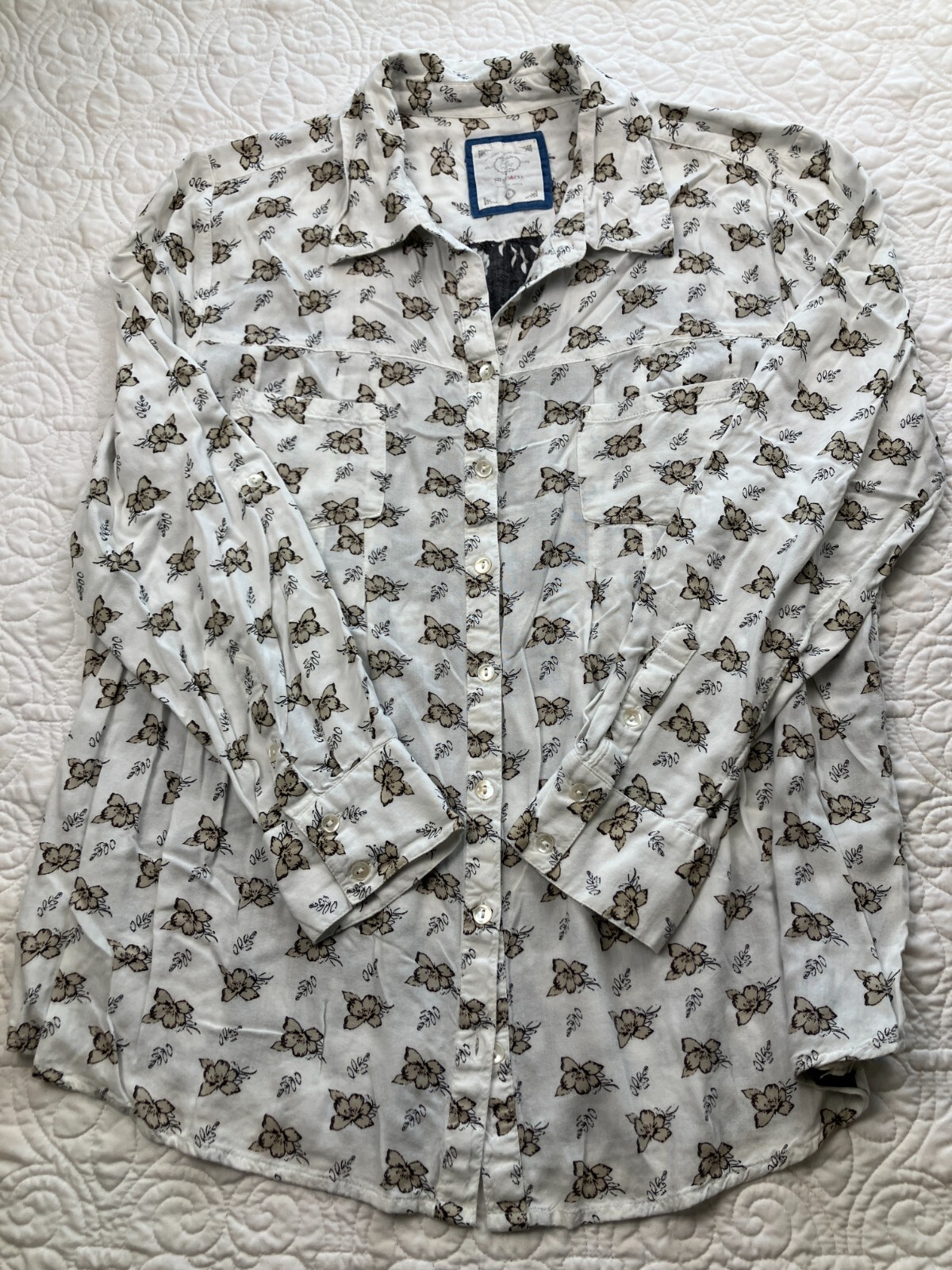 Style & Co Large Button Up Two Tone Black White Floral Long Sleeve Western Women