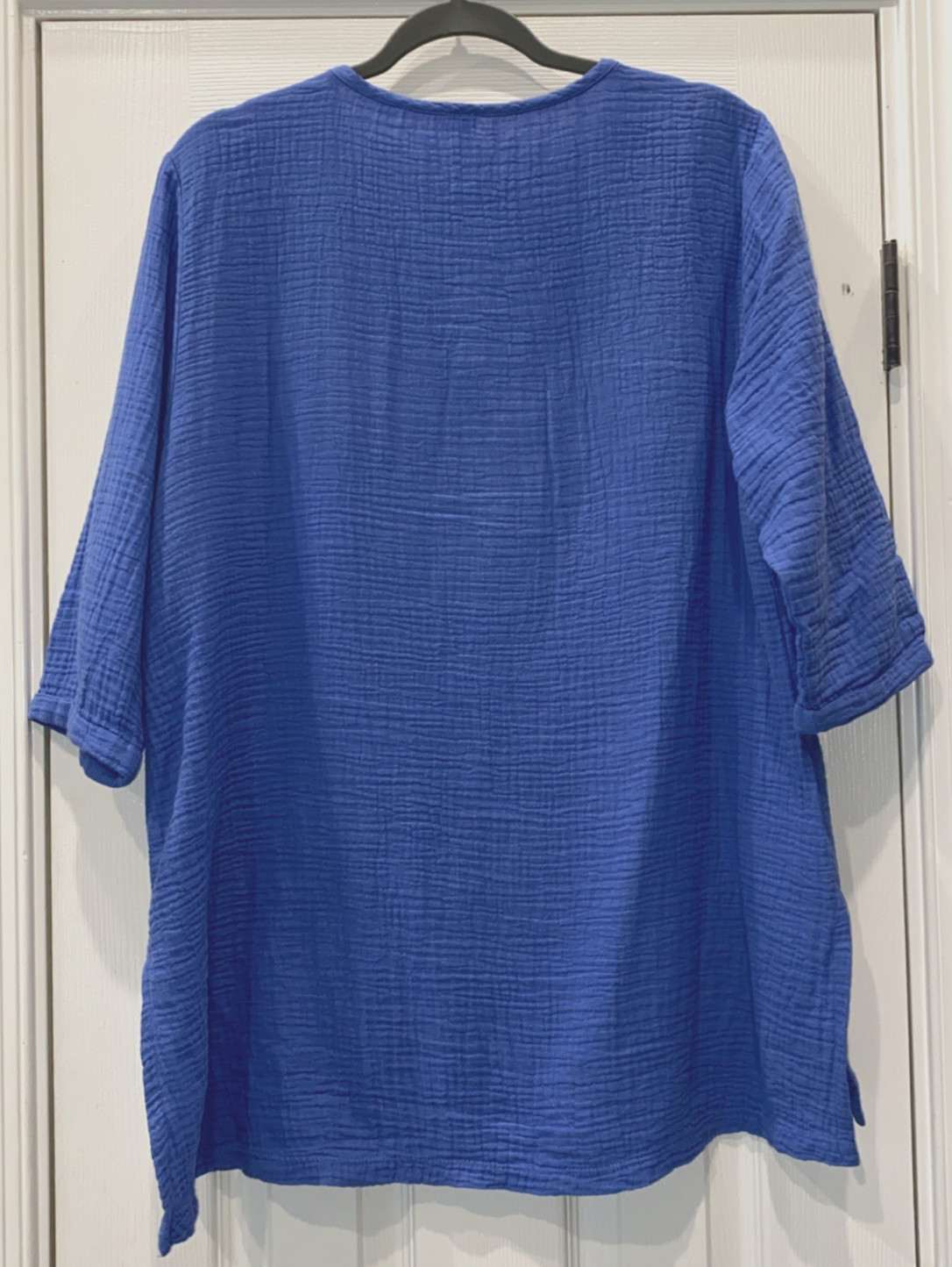 WOMENS LULU B COTTON GAUZE TUNIC HENLEY TOP BUTTONS 3/4 SLEEVES BLUE MEDIUM