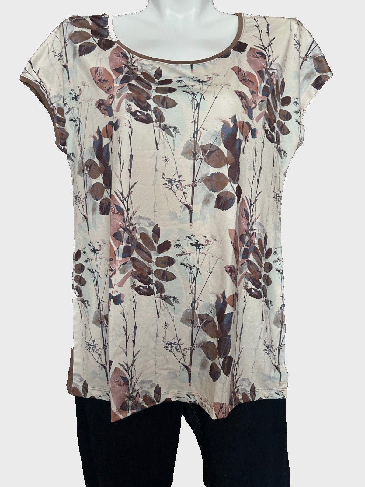 Womens S /M Floral Viscose Knit Top Ivory Brown Short Sleeve Casual Blouse Comfy