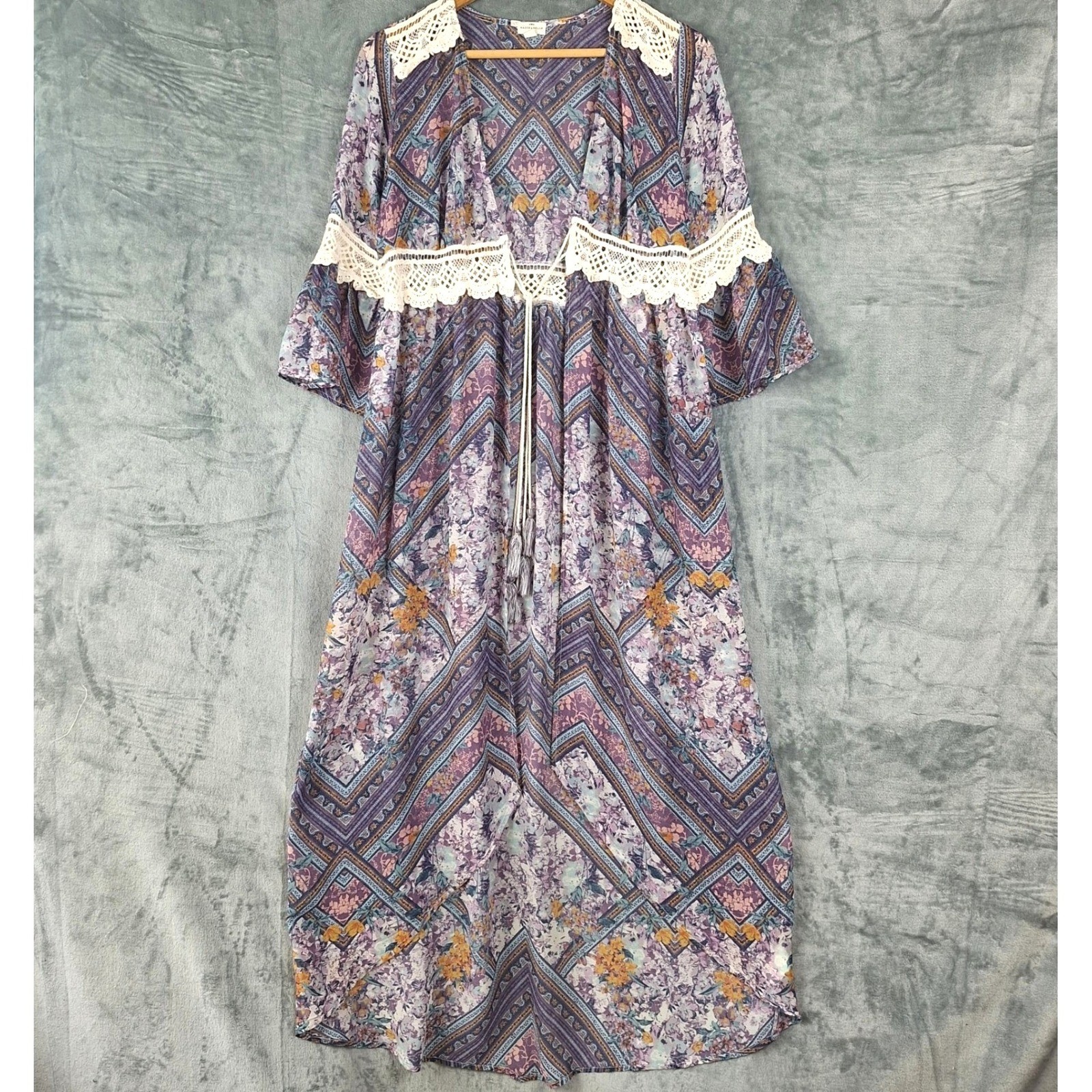 Womens Kimono Medium Boho Floral Patchwork Crochet Duster Festival Tie Front