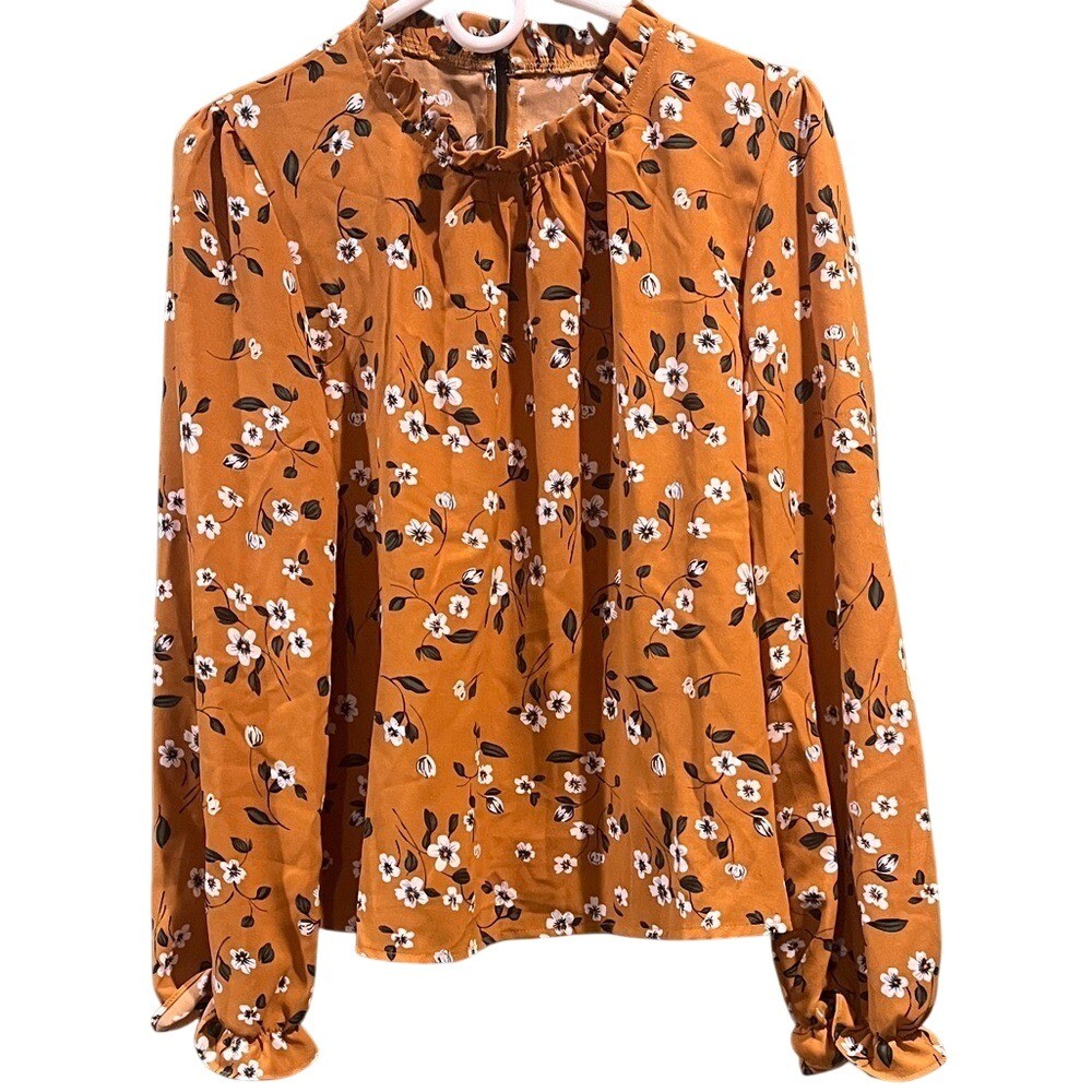 🍃🌻Floral Mustard Yellow Green Women’s Long Sleeve w/ Ruffle, High Neck, button