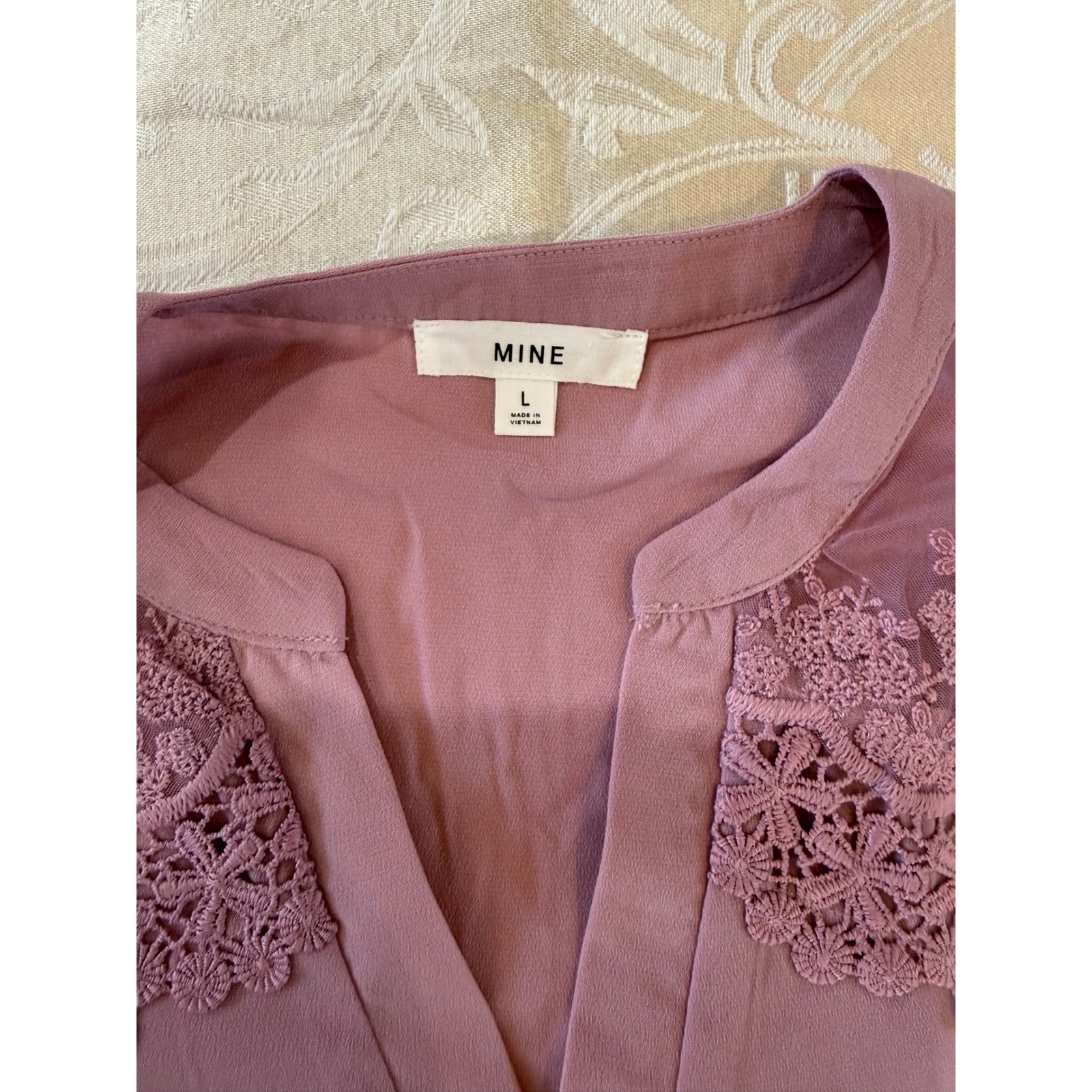 Mauve Flutter Sleeve Lace Crochet Split Neck Blouse Purple Large(seems smaller)