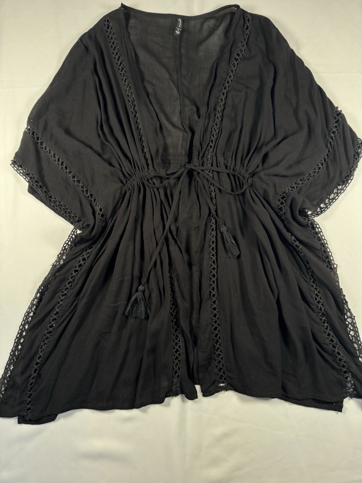 Raviya Black Sheer V-Neck Kaftan Cover Up Crochet Trim Tie Tassels L