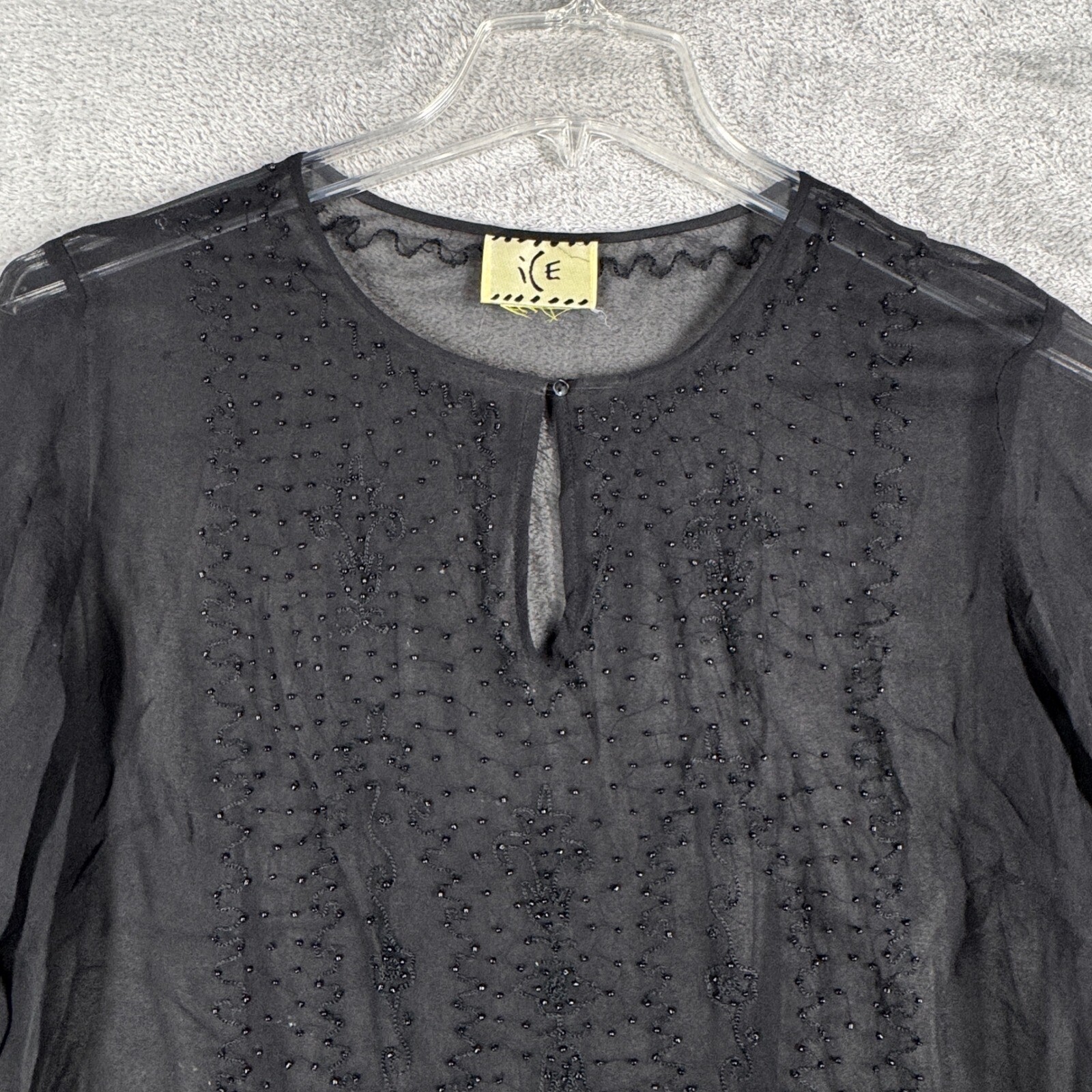 ICE Blouse Beaded Long Sleeve Sheer Keyhole Embellished Top 2000s Y2K Size Large