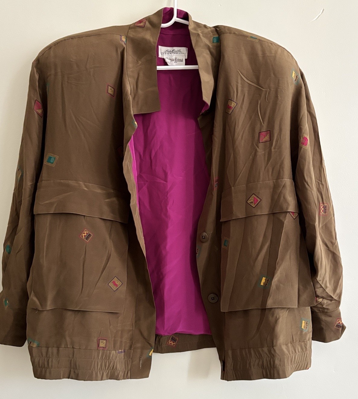 Vtg Linda Allard Ellen Tracy Brown Silk button down Dolman sleeve jacket Size M