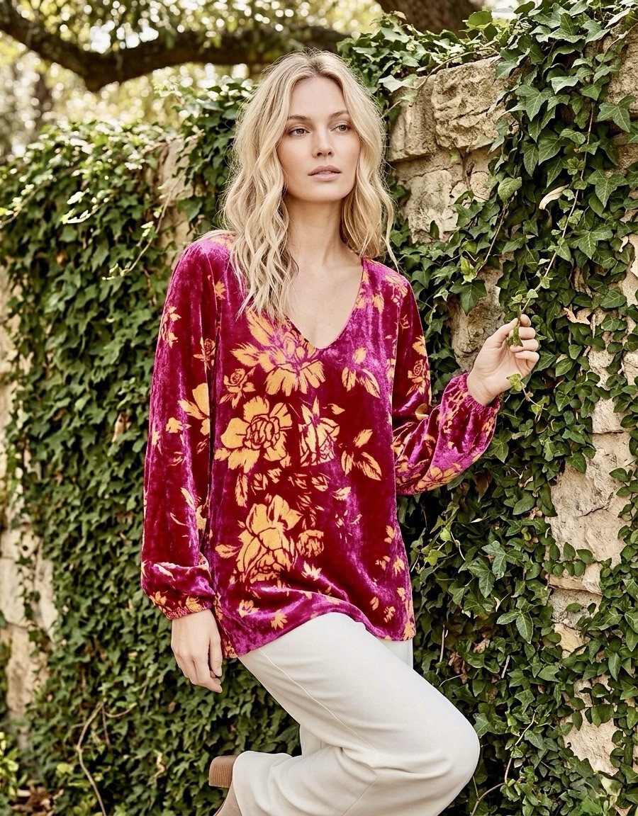 NEW Johnny Was L Large Fushia Pink Burnout Velvet Peasant Blouse Tunic Top Boho