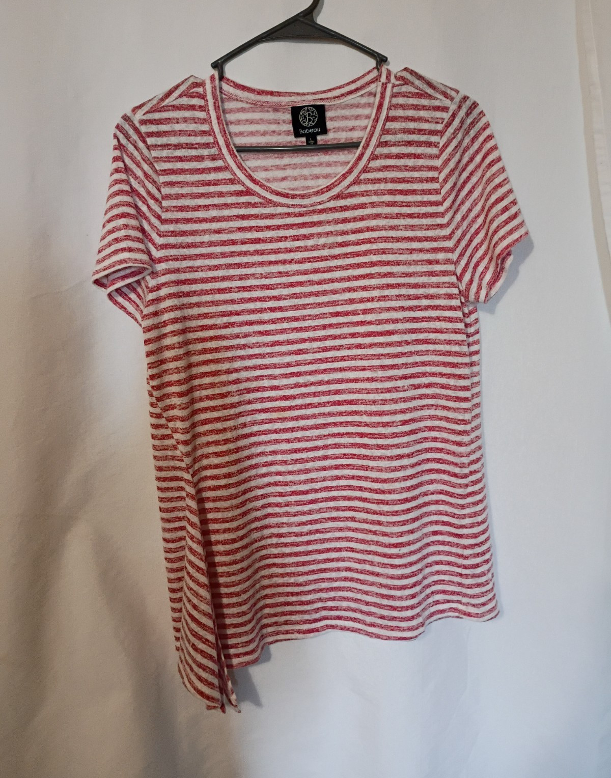 BoBeau Womens Red White Striped Side Tie Tee Short Sleeve Knit T-Shirt Size L