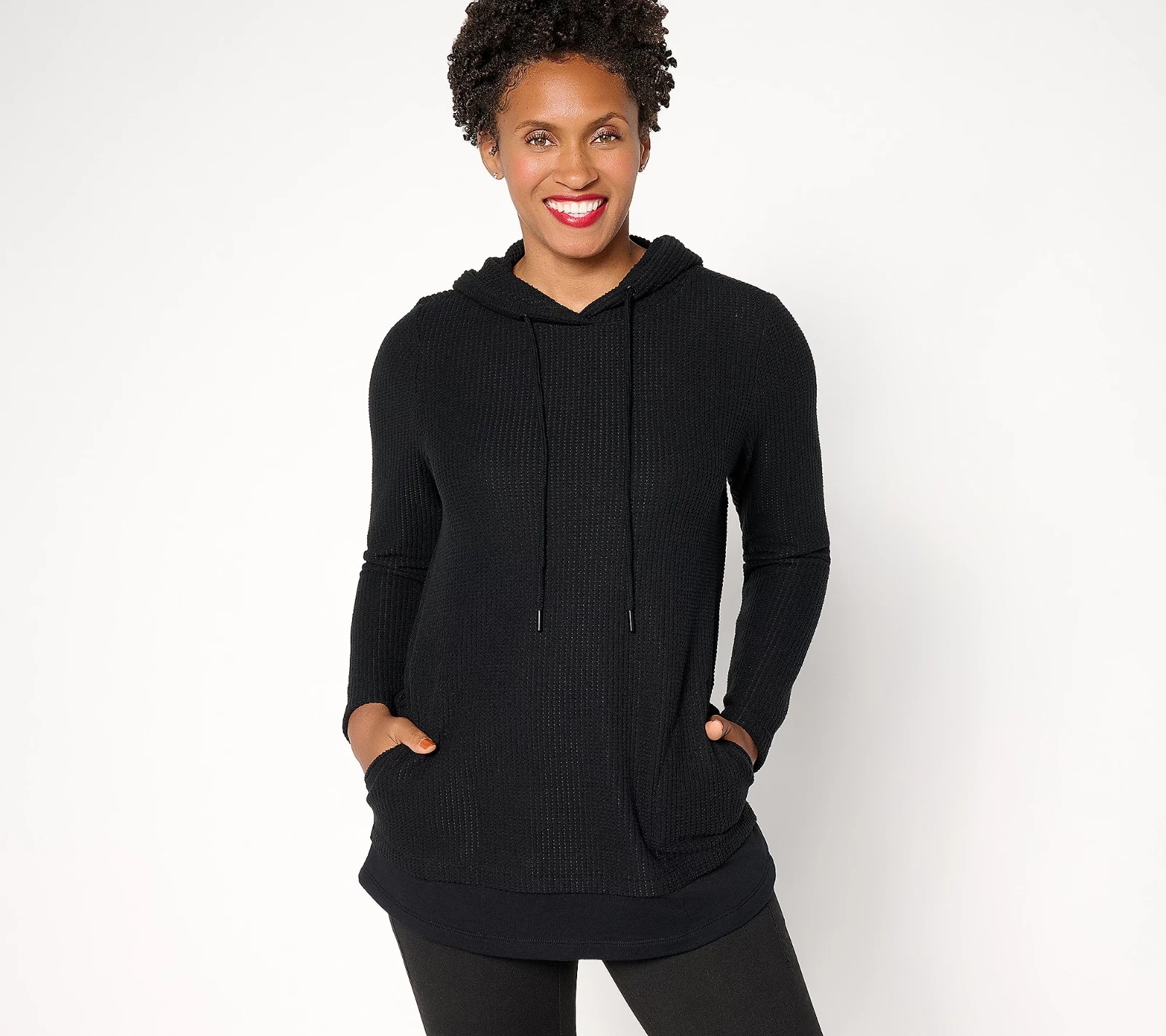 Denim & Co. Active Waffle Knit Mixed Media Hooded Pullover NWT A713473