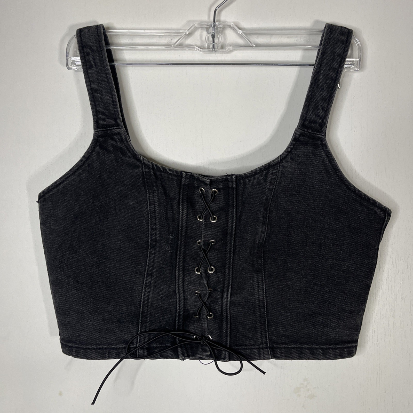 Wild Fable Tank Top Medium Black Denim Lace Up Corset Crop Back Zip Juniors Teen