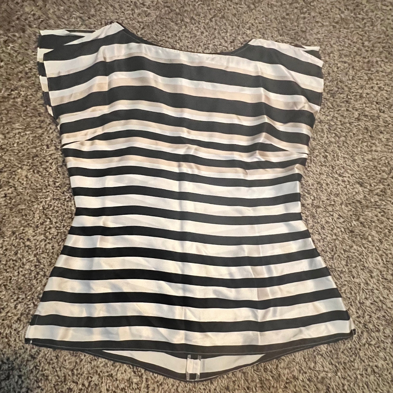 White House Black Market Silk Striped Boat Neck Blouse Black Tan White Small