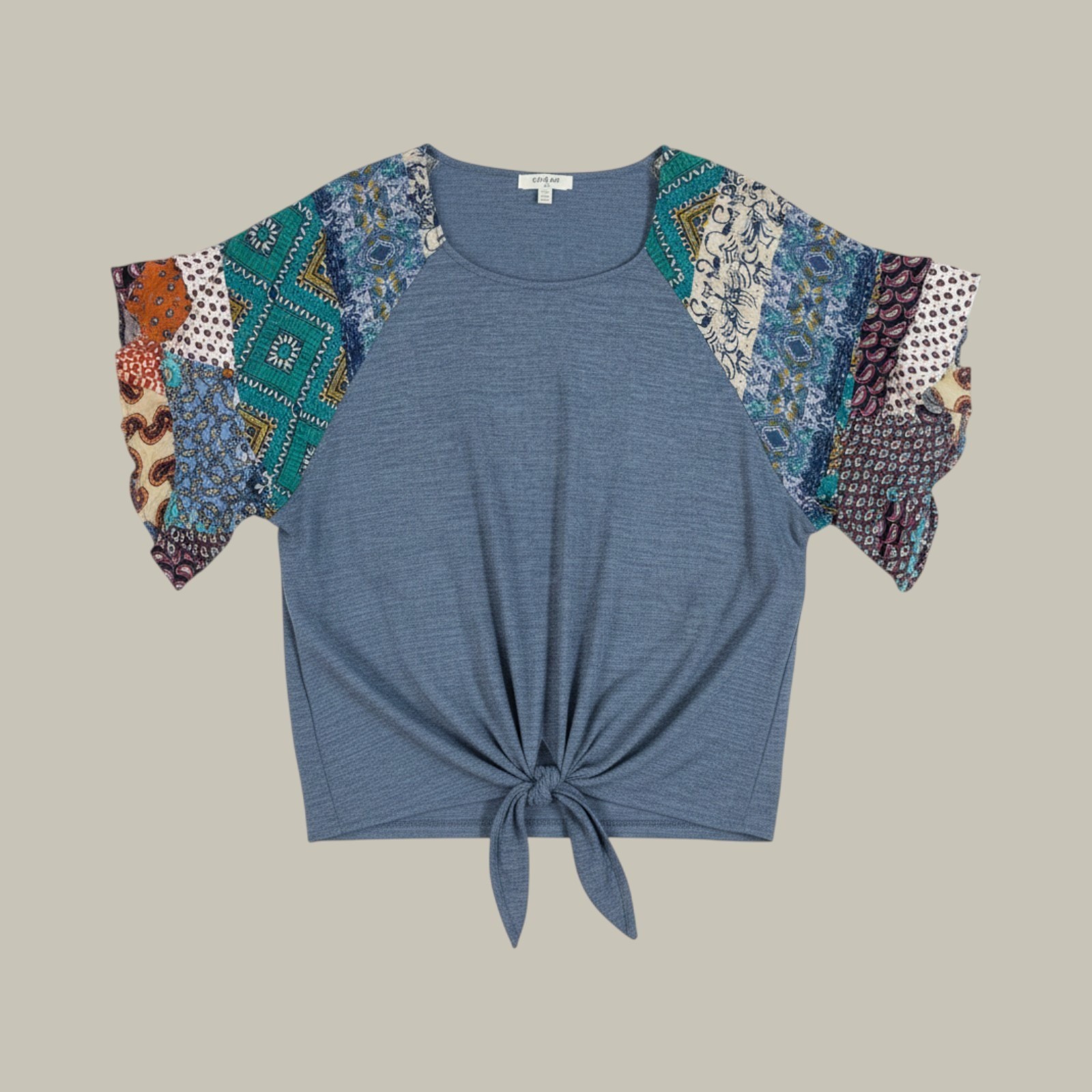Umgee Patchwork Tie Front Top Women Large Blue Boho Mixed Media C1783