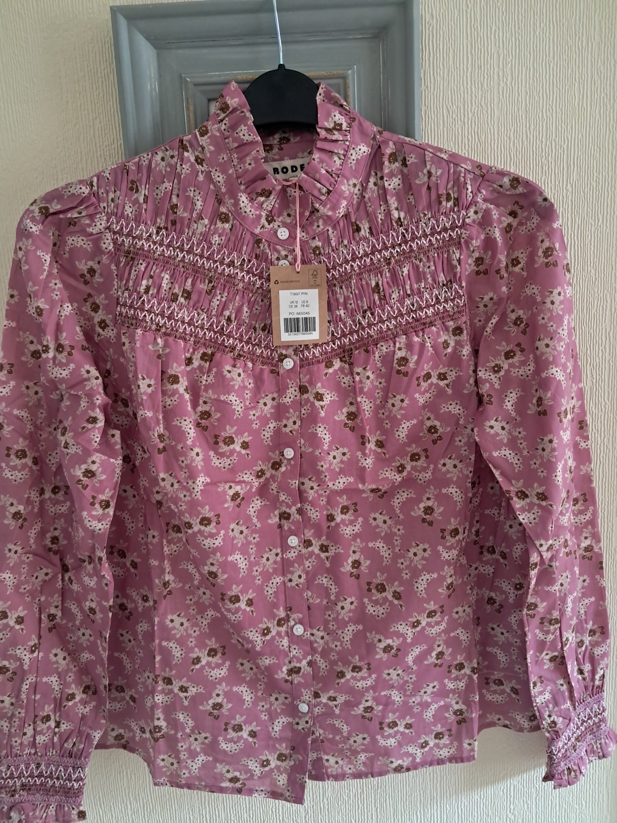 Boden Esme smocked detail frill top orchid purple dainty blooms UK 14 New season