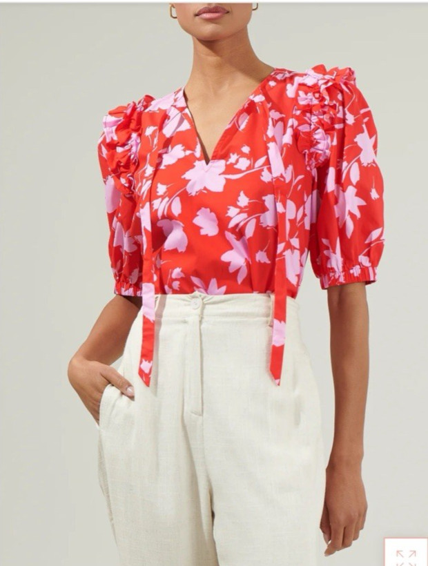 Sugarlips Women Size XS Sunset Floral Noche Tie Neck Blouse Red Pink Multi