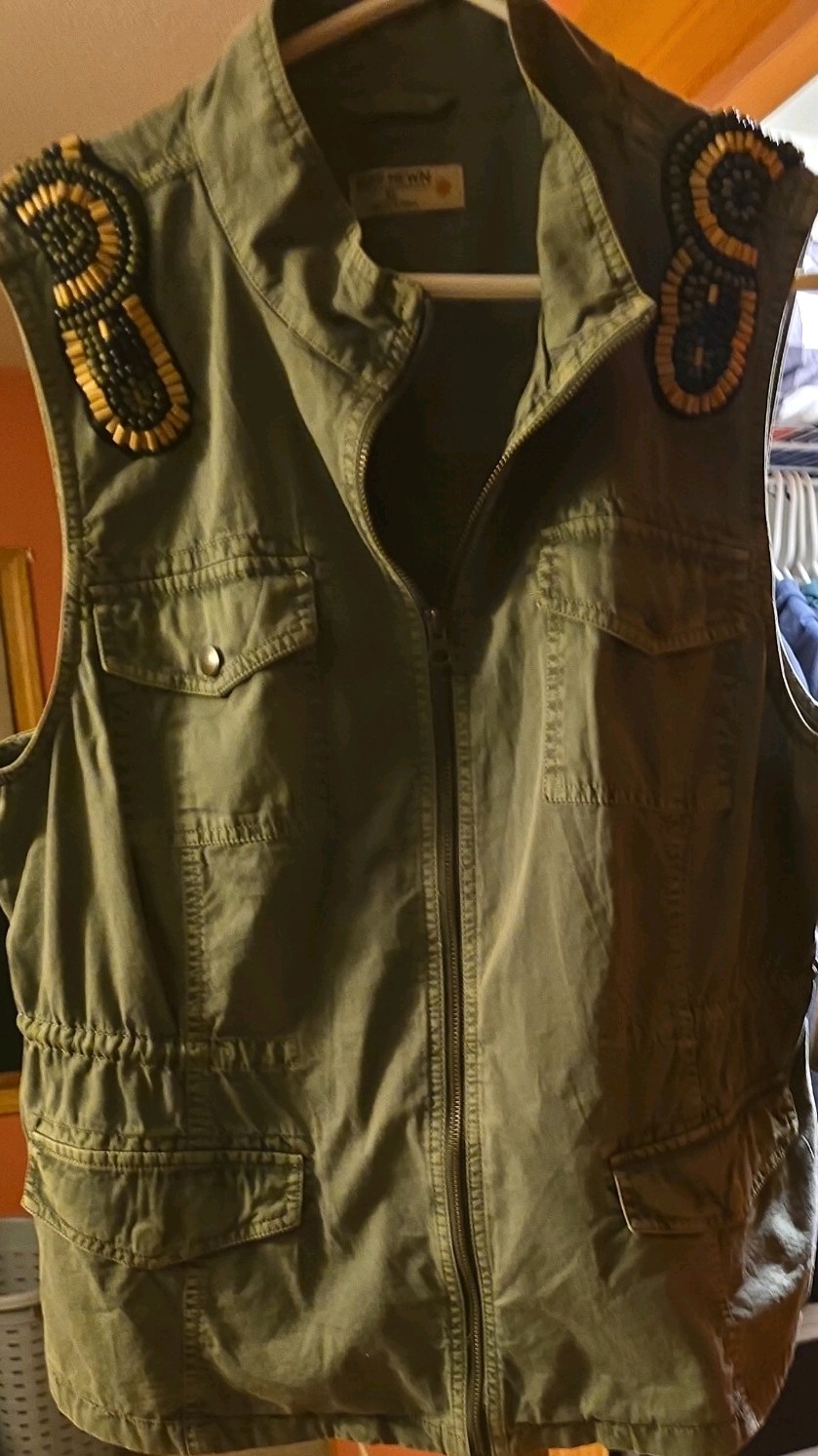 womens RUFF HEWN green utility army beaded embellished fall vest SZ XL