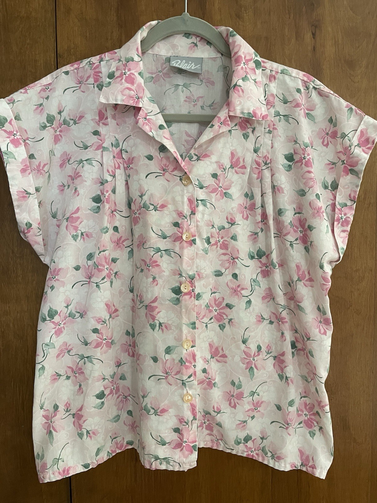 Vintage 80s 90s Blair Floral Pink Cotton Blouse, L