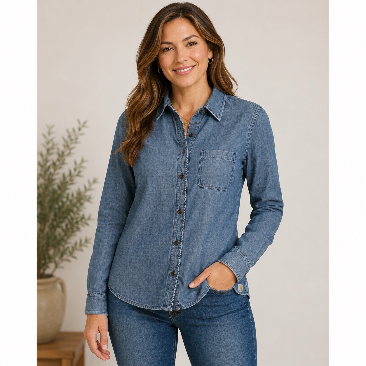 Carhartt Womens Denim Top Medium 8/10 Blue Long Sleeve Button Down Collared