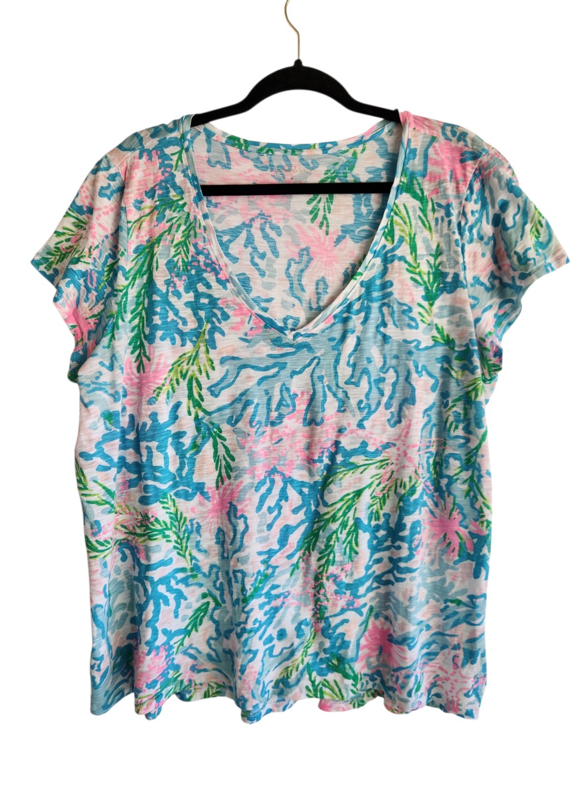 Lilly Pulitzer Etta V Neck Top Tee Coral Bay Print Short Sleeve Cotton Size XL