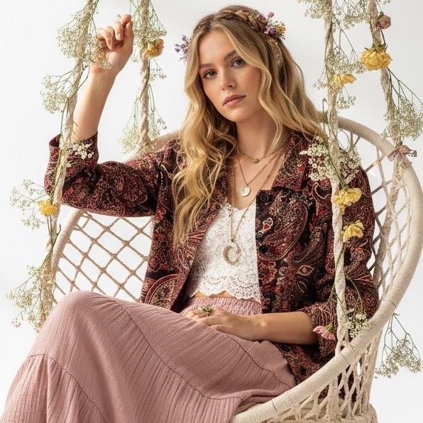 Vintage Boho Red Paisley Tapestry Button Down Long Sleeve Women Large Top Office