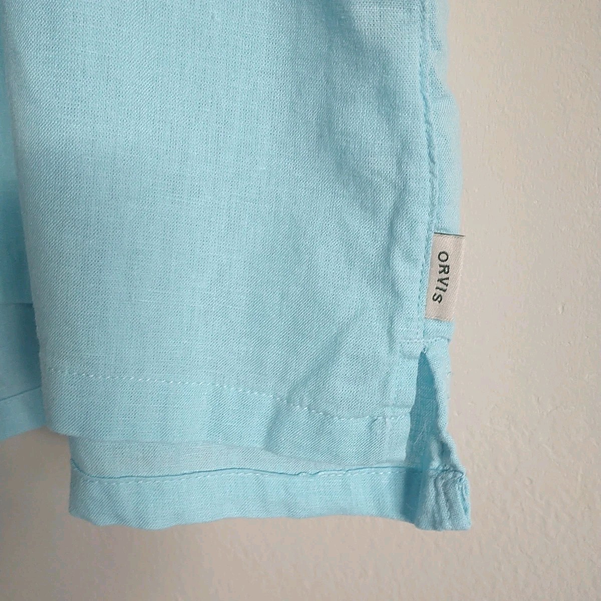 Orvis Shirt Blouse Womens XL Blue Linen Blend Short Sleeve Buttons Pocket Boxy
