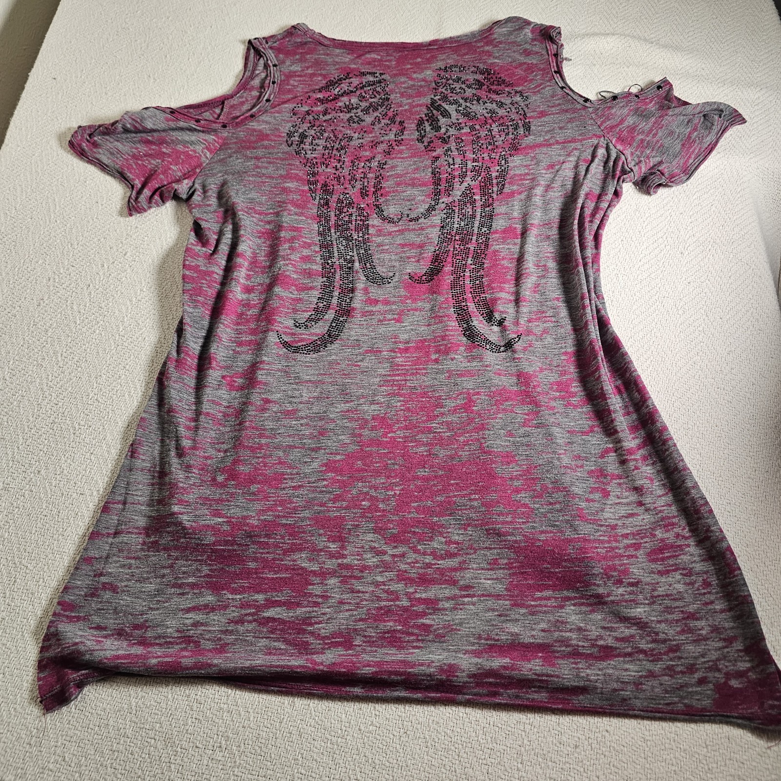 Vocal Womens S Cold Shoulder Top Pink Acid Wash Rhinestone Accent Wings