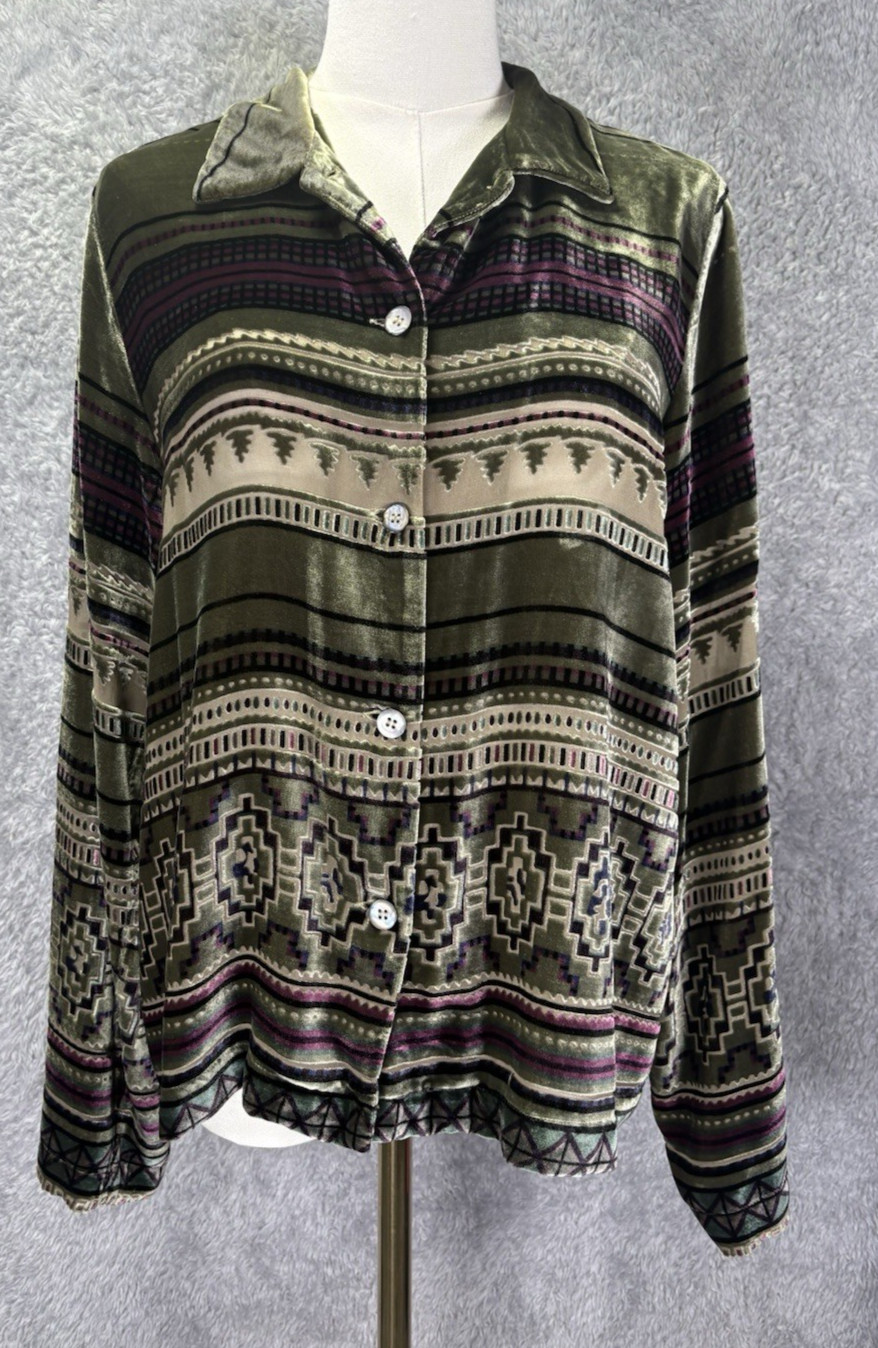 KIKO Womens S Velvet Button Up Top Olive Green Aztec Tribal Boho Soft Stretch