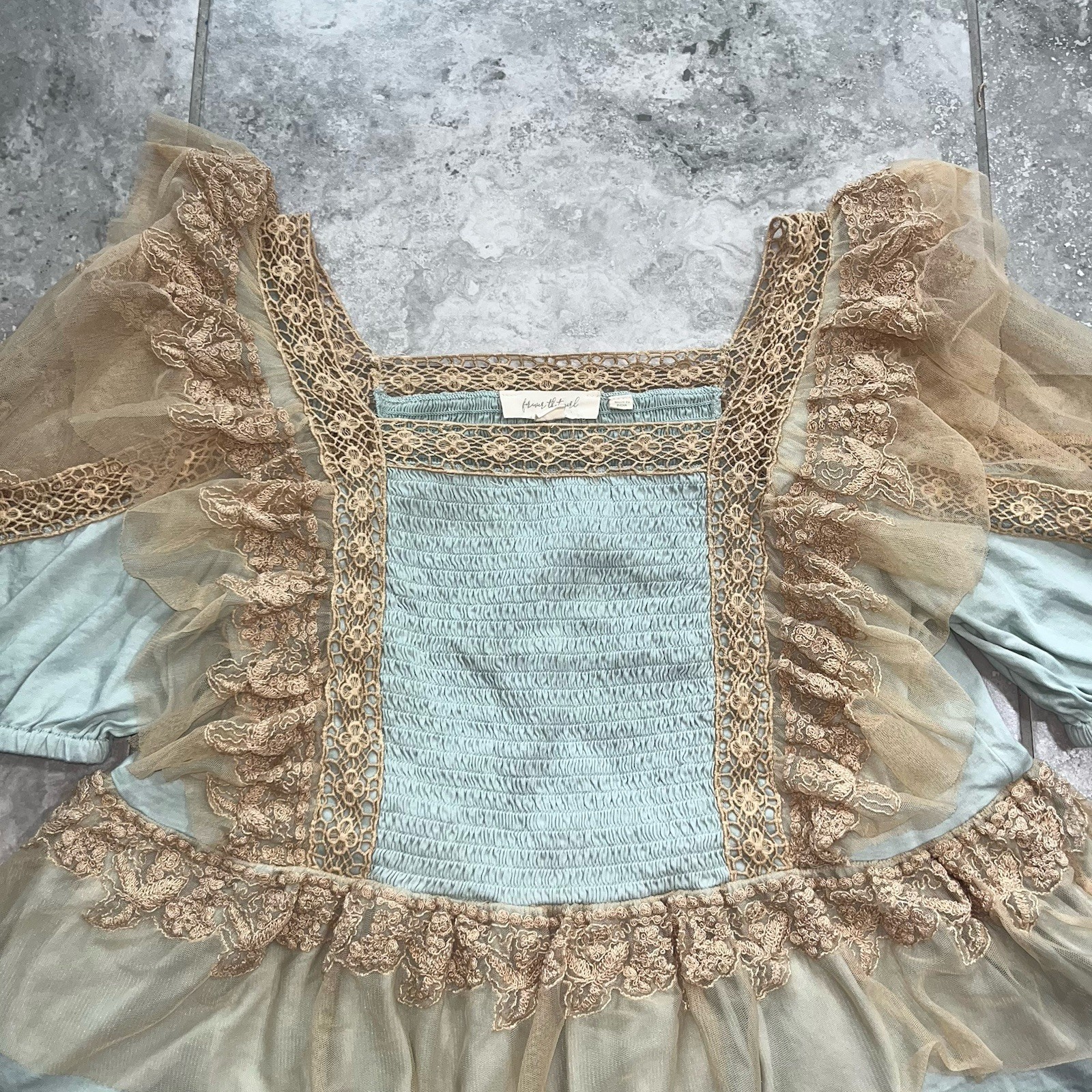 Anthropologie Forever That Girl Ruffle Lace Tulle Peplum Pleated Top Blouse M