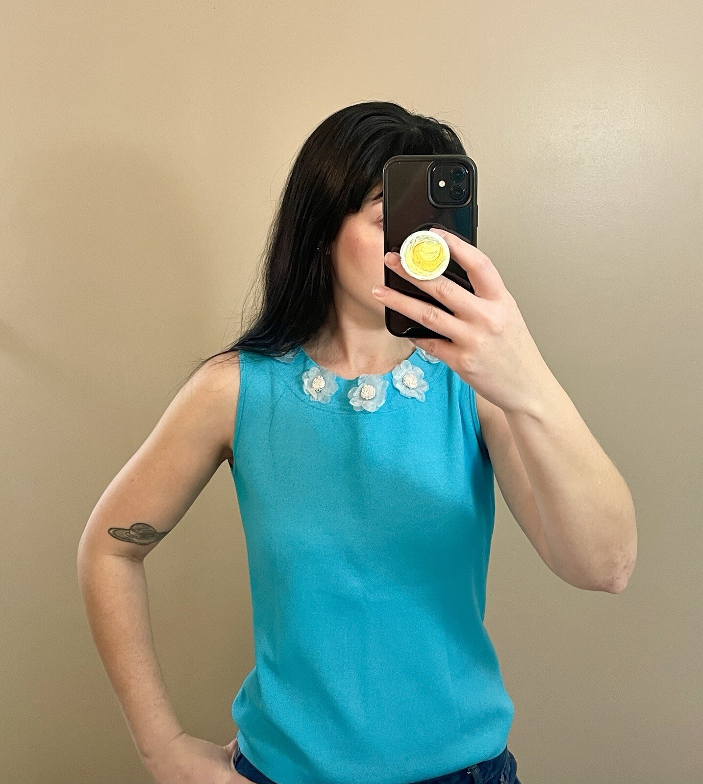 Women’s Vintage 90’s Turquoise Teal Tank Top with Silk Floral Collar Size S