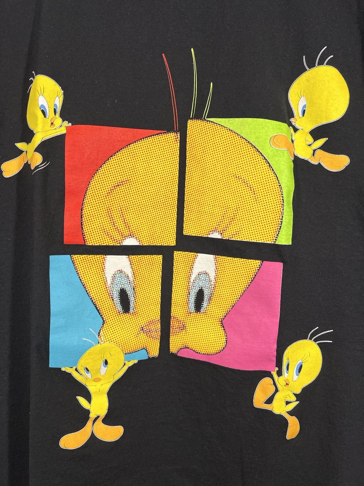 Vintage 90s Looney Tunes Tweety Bird T Shirt Panel Pop Art Graphic Black Sz 2XL