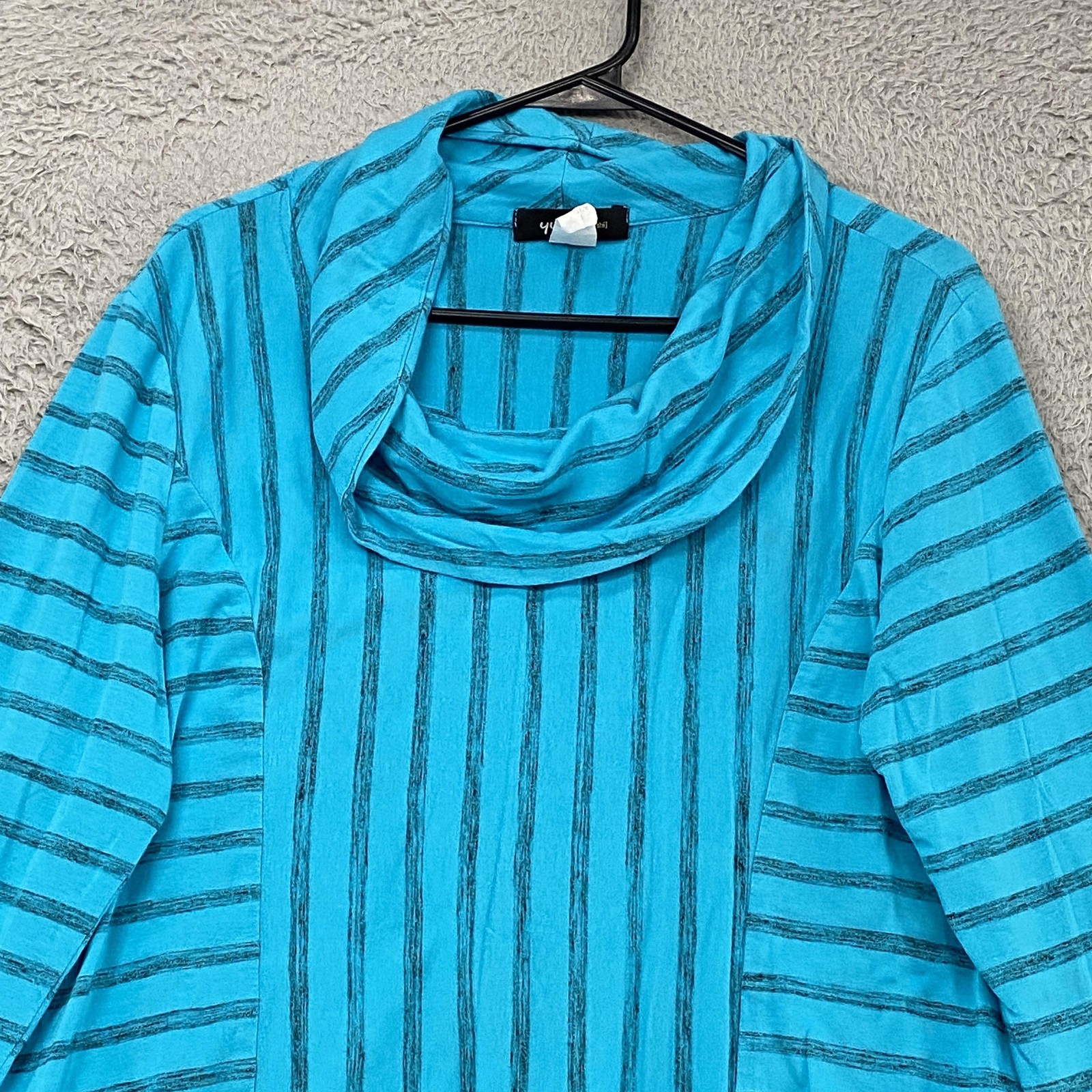 Yushi Stripe Tunic Top Womens Medium Blue Cowl Neck Long Sleeve Jersey Relaxed