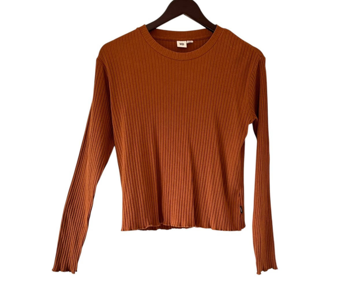 Tentree Newell Ribbed Organic Cotton Long Sleeve Top Toffee Lettuce Edge Hem XL