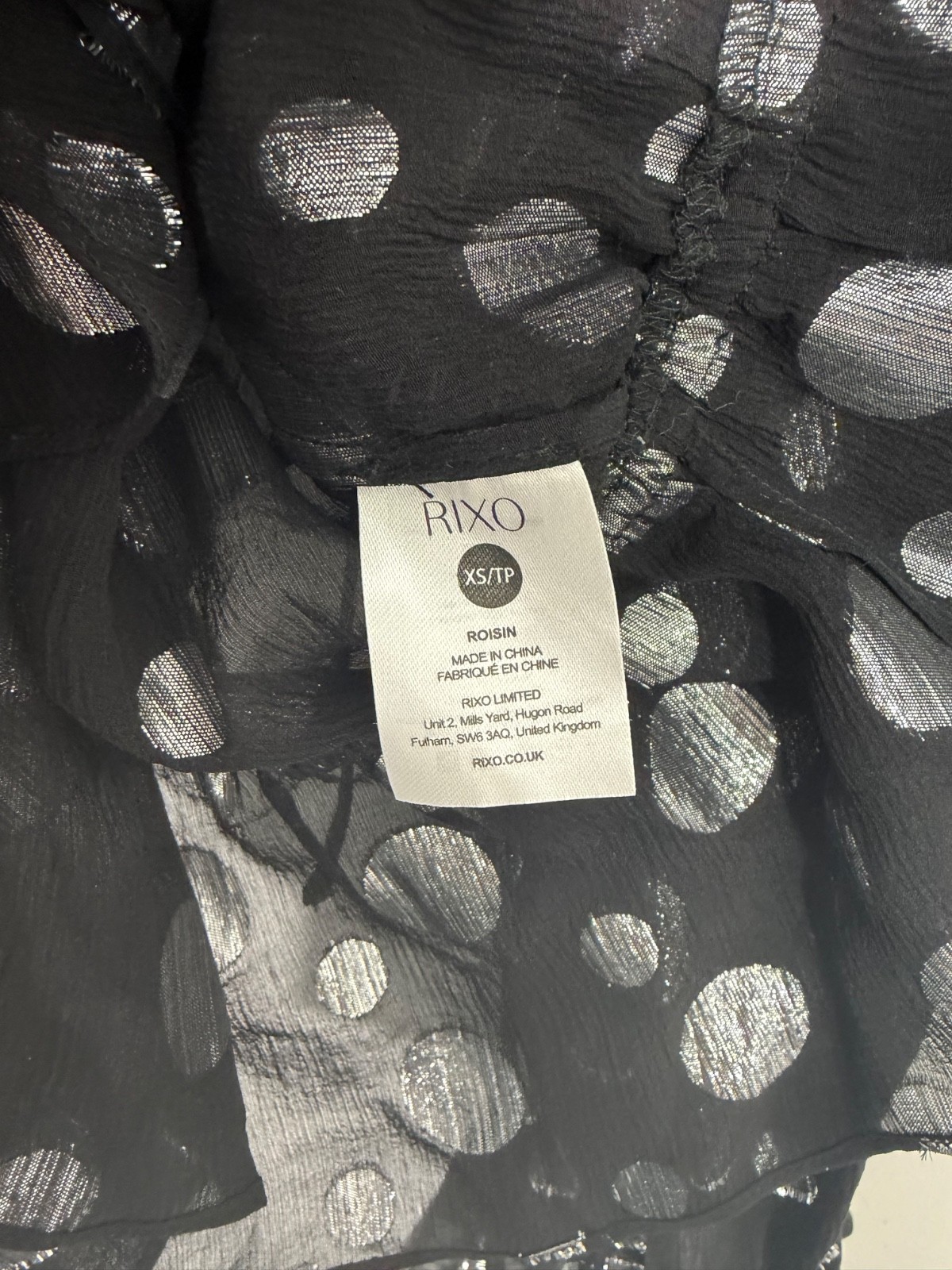 Rixo Silk Spot Blouse Size XS Black Silver Metallic Flare Cuff Sheer Top Dot