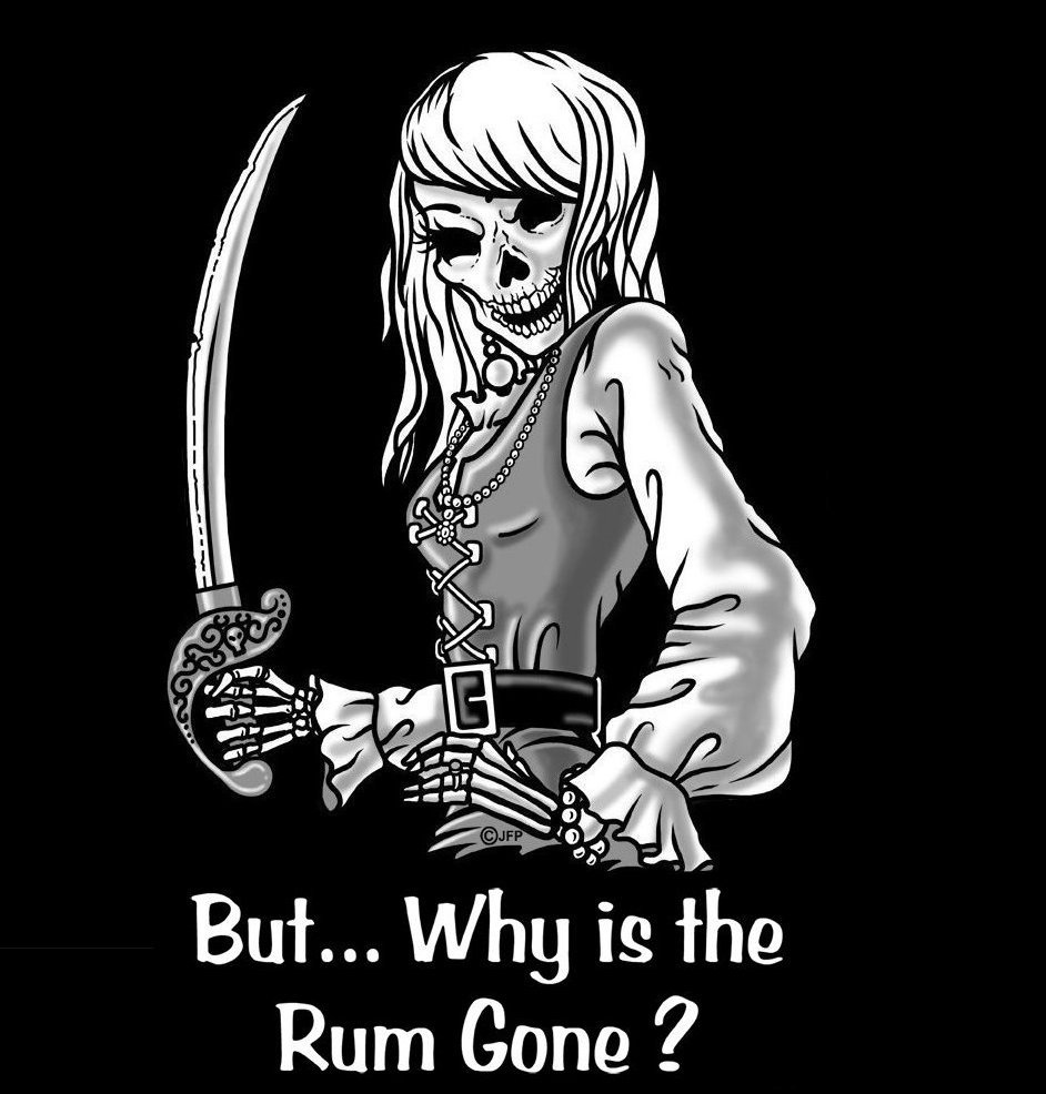 WHY IS THE RUM GONE PIRATE SKELETON GIRL SKULL T-SHIRT