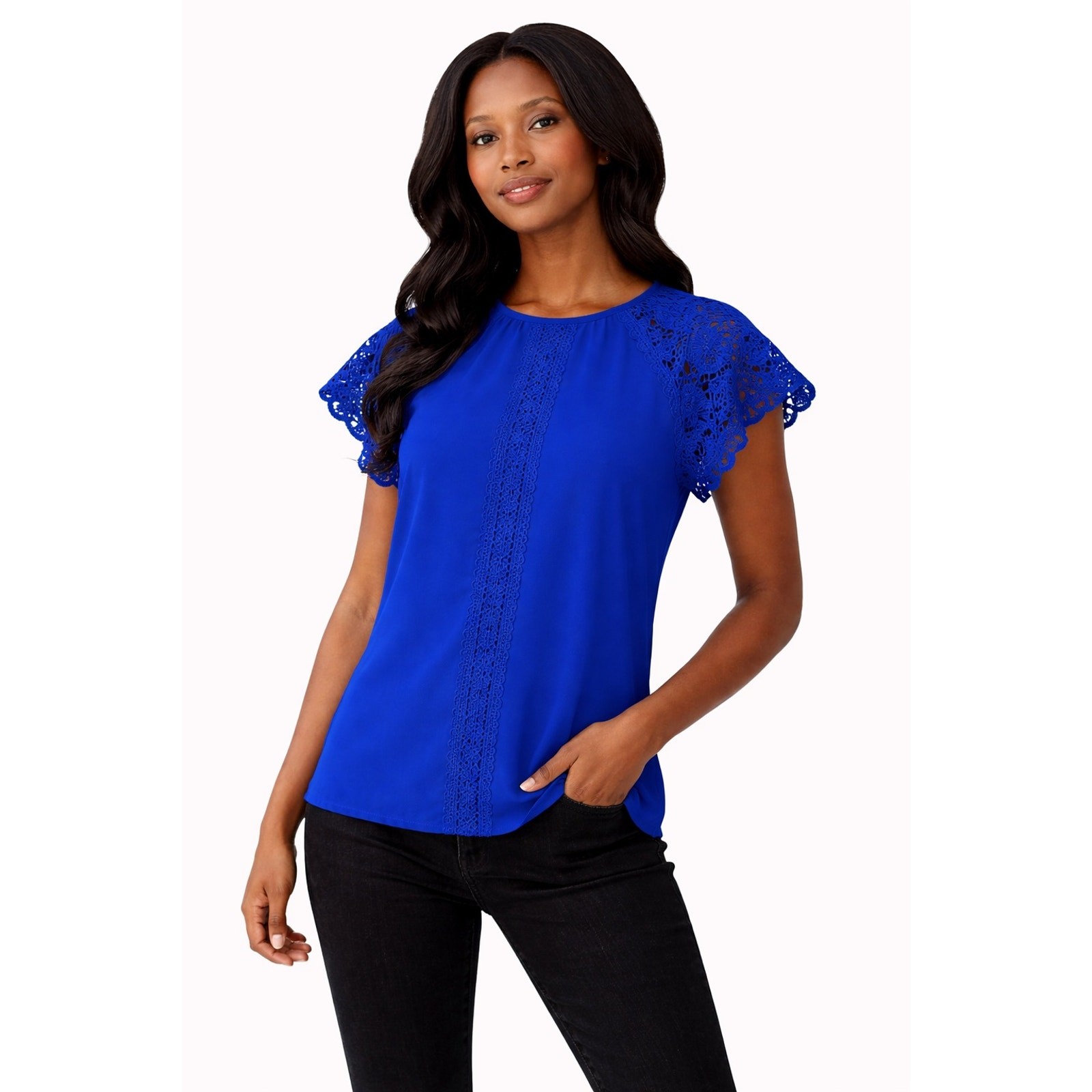 Cable & Gauge Lace Flutter Sleeve Blouse Women S Blue NWT