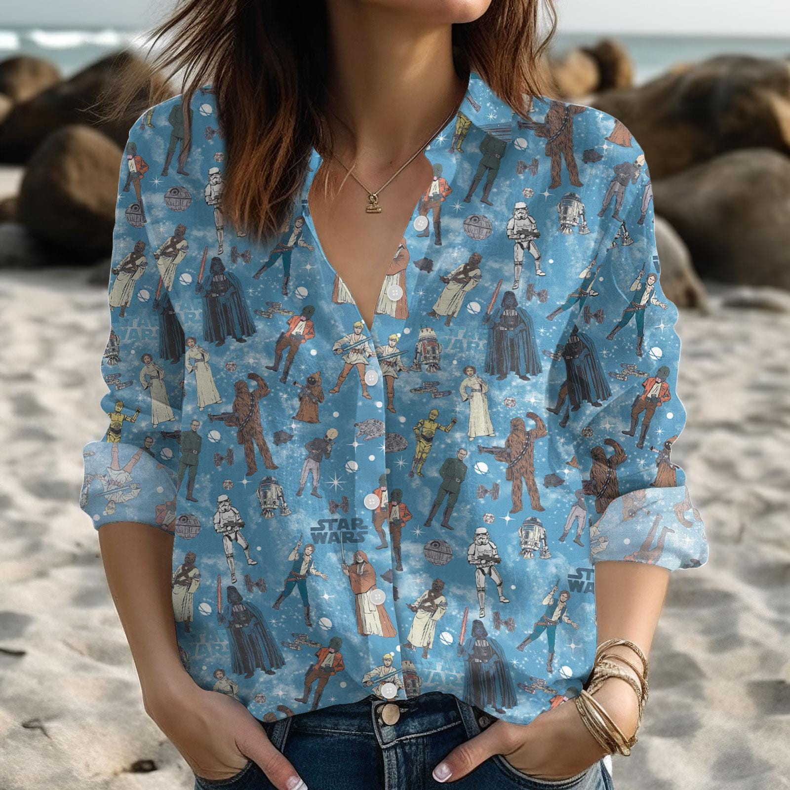 Star Wars Linen Look Shirt Galaxys Edge Women Blouse Shirt