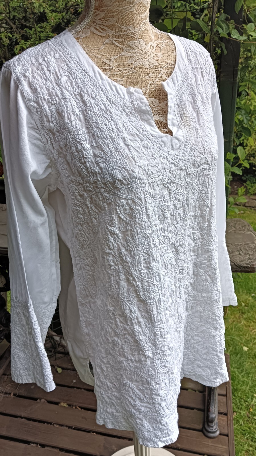 Tunic Top XL White Paisley Cotton Hand Embroidered Boho Mid Length Side Slits