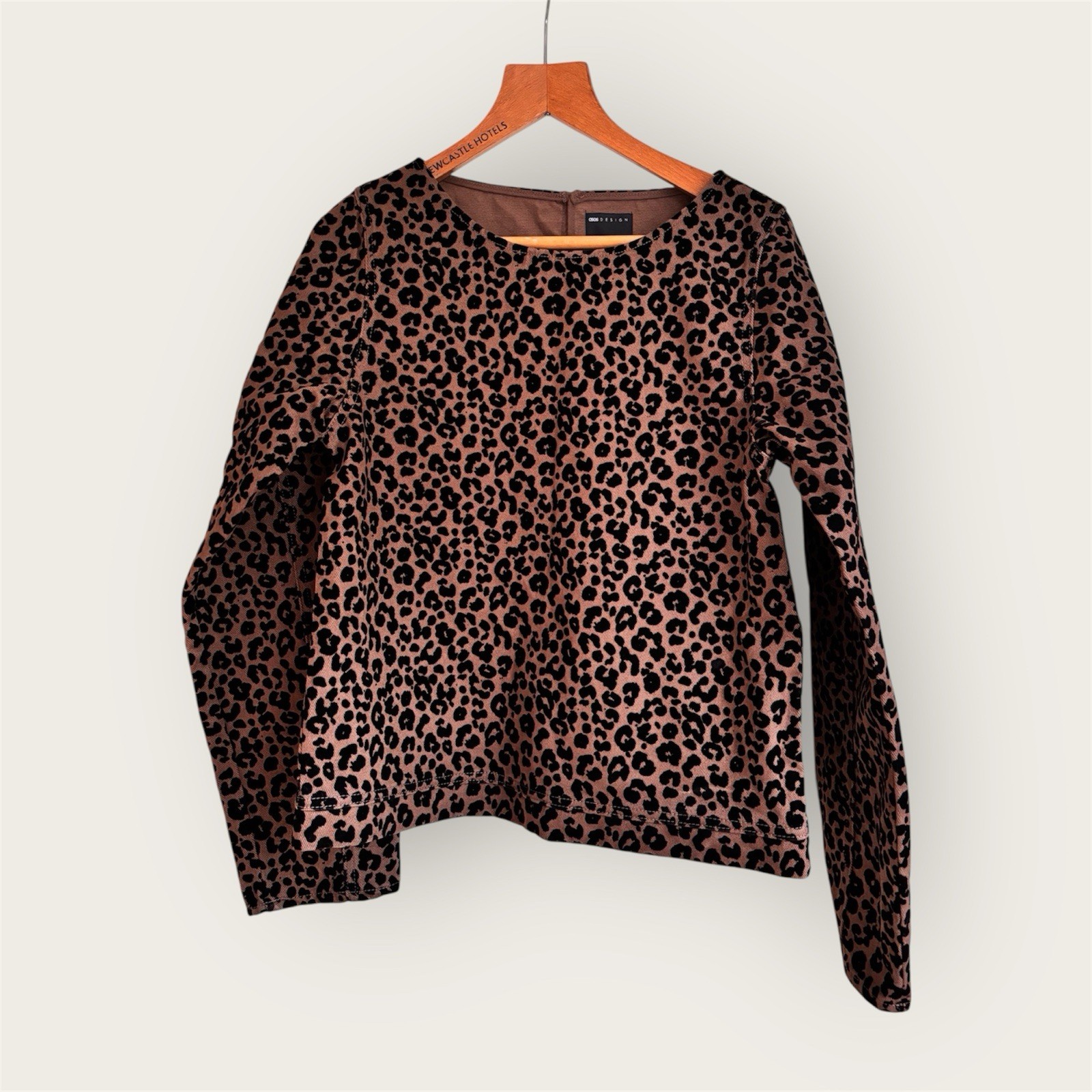ASOS Design Top S 8 10 Brown Leopard Animal Print Denim Long Sleeve Oversized