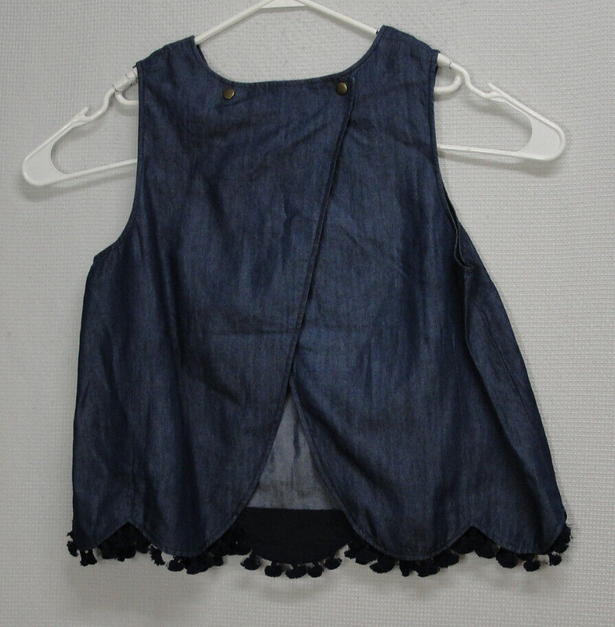 NWT Eloquii Pom Fringe Open Back Sleeveless Top Tencel Blend Blue Scallop Hem 14