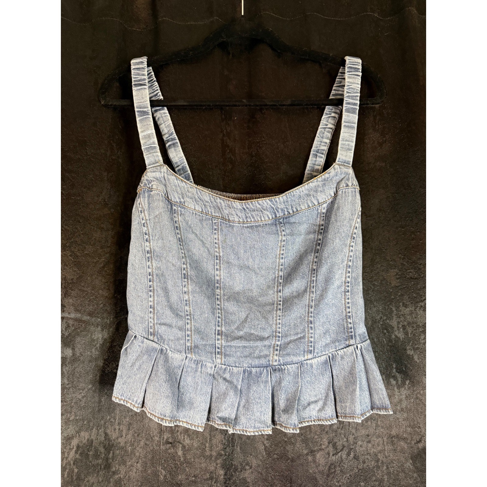 AQUA Denim Peplum Camisole Top Light Wash Smocked Back River Blue Medium NWT
