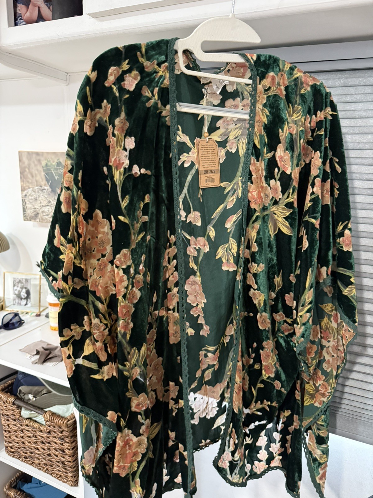 Natural Life Floral Velvet Kimono Cardigan OS One Size Green M78