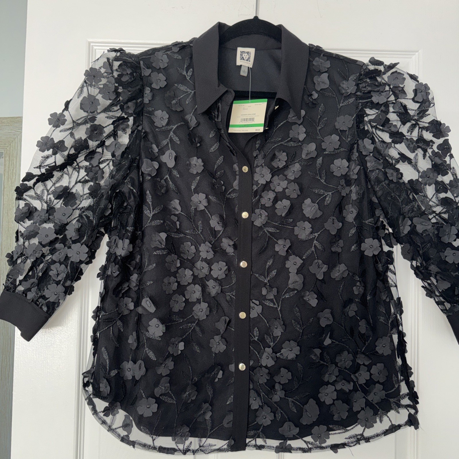 Anne Klein Mesh Flower Applique Blouse Shirt in Black LARGE New with Tags