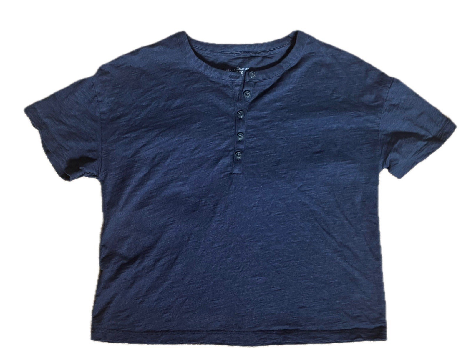 LL Bean Signature Navy Blue Cropped Boxy Henley Tee T Shirt Size Small Neutral