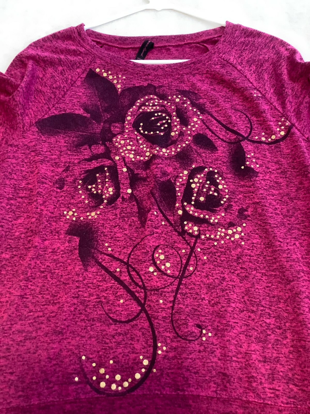Hybrid Apparel Top Womens XL Red Black Floral Gold Sparkles 3/4 Sleeve